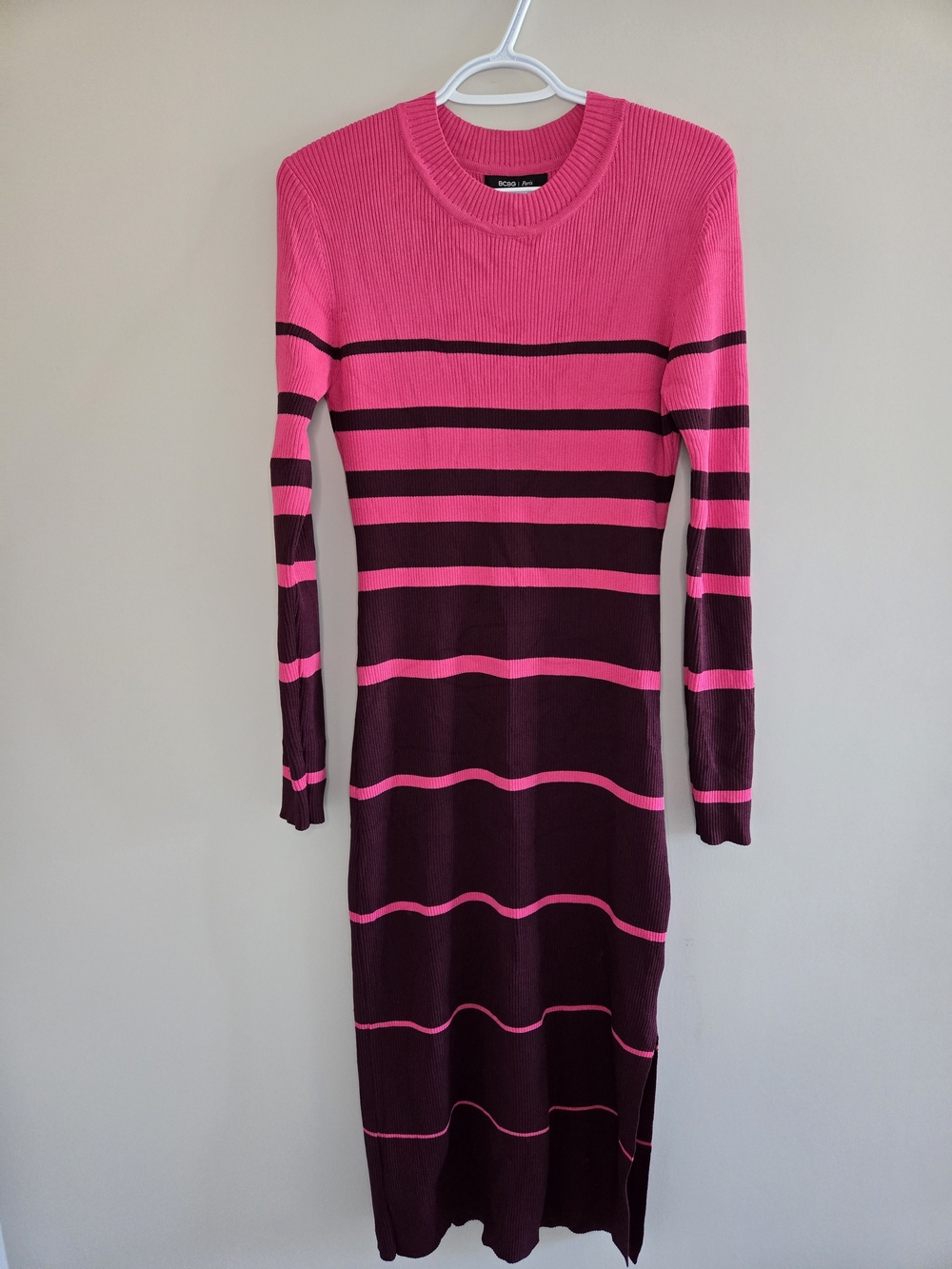 BCBG Paris hot pink + purple striped ribbed long sleeve fitted midi dress, new